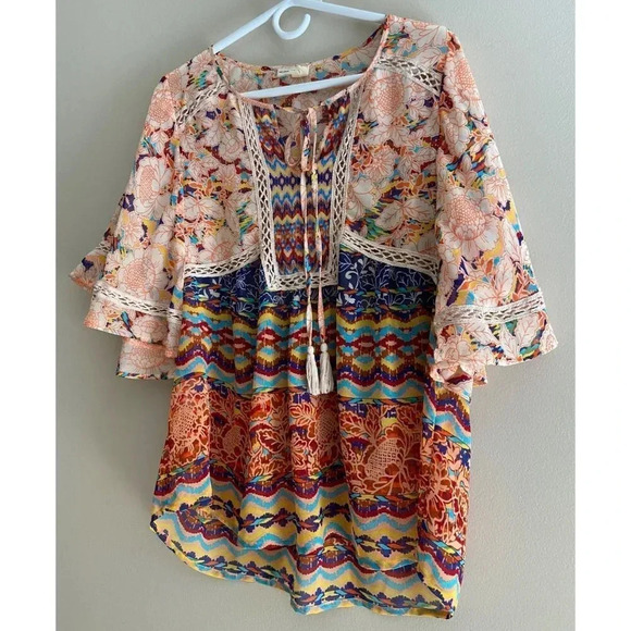 Meadow Rue Anthropologie Small Boho Tassel Ruffle Sleeve Top - Picture 7 of 11